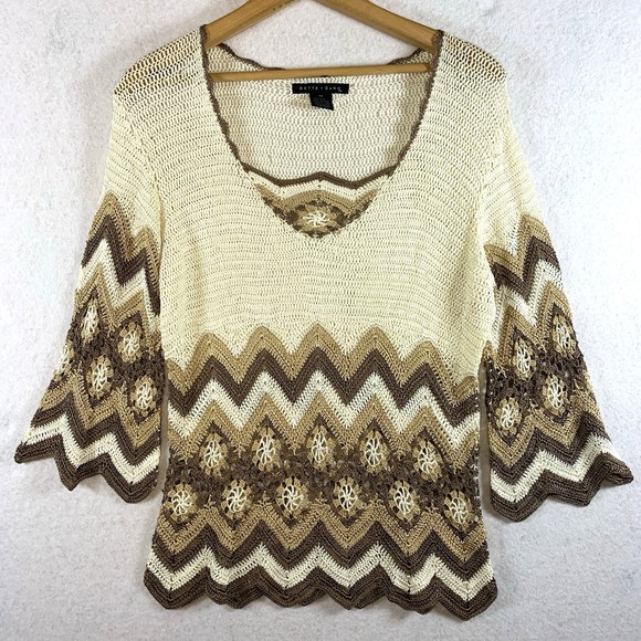 bette sung Tops - Womens Silk Blend Open Knit Crochet Sweater Top Sz M Boho Chevron Short Sleeve
